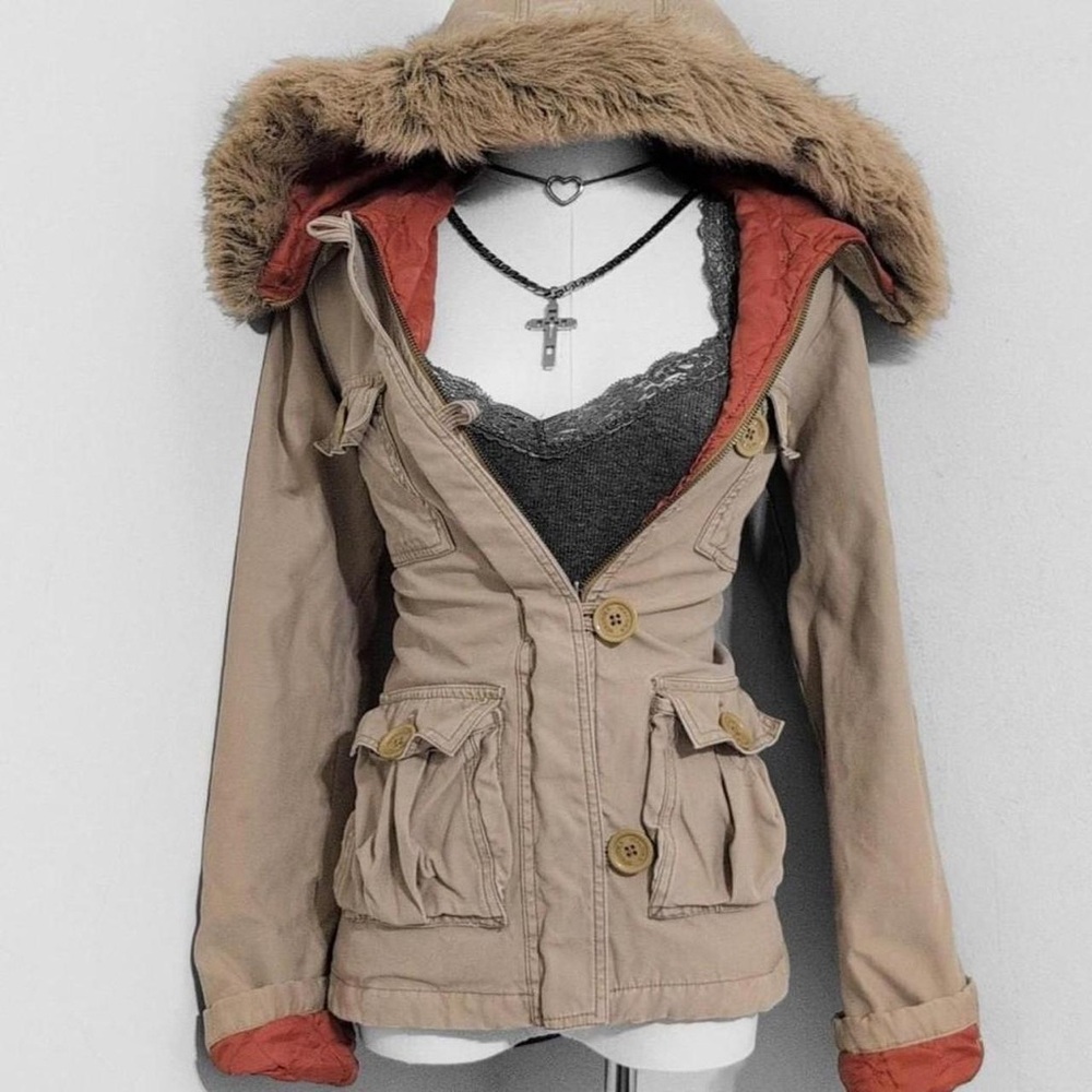 Hollister Tan Utility Jacket with Faux Fur Hood